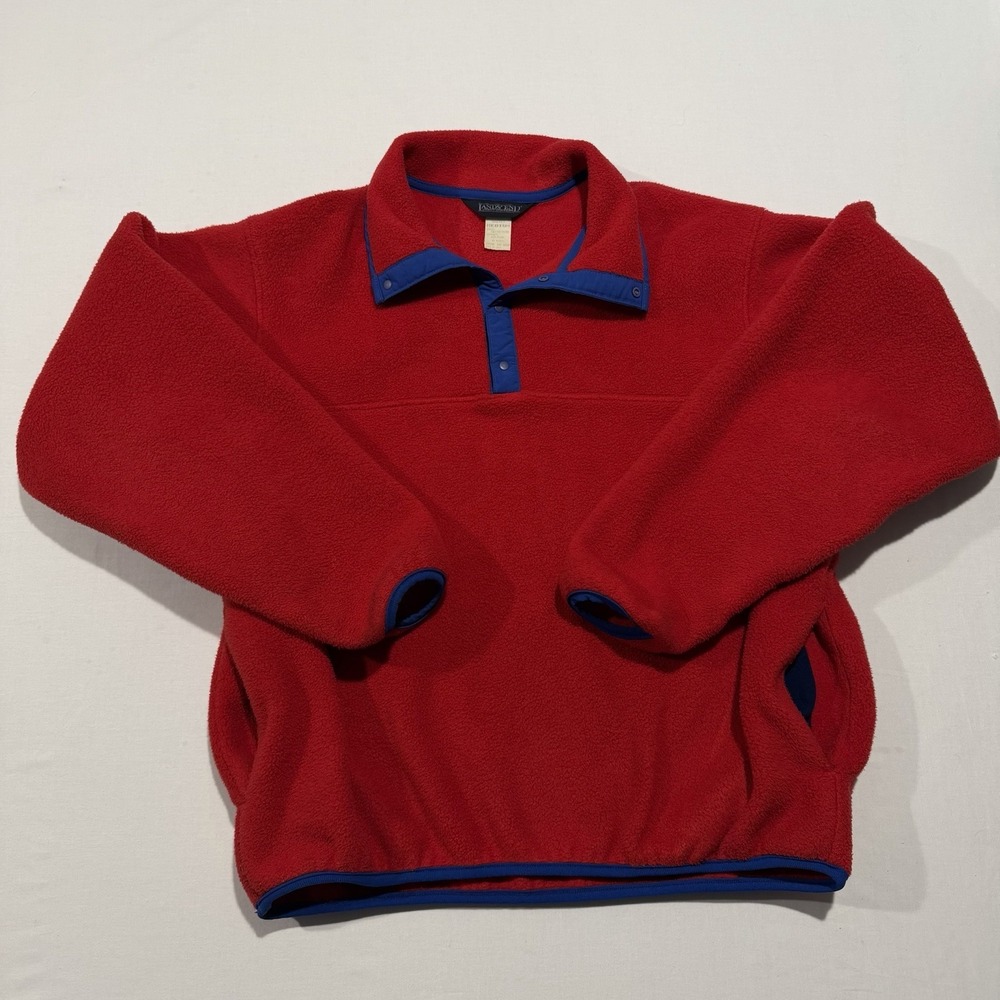 Vintage Lands End Snap Neck Fleece Pullover Mens M Red Blue USA Made 90s Unisex